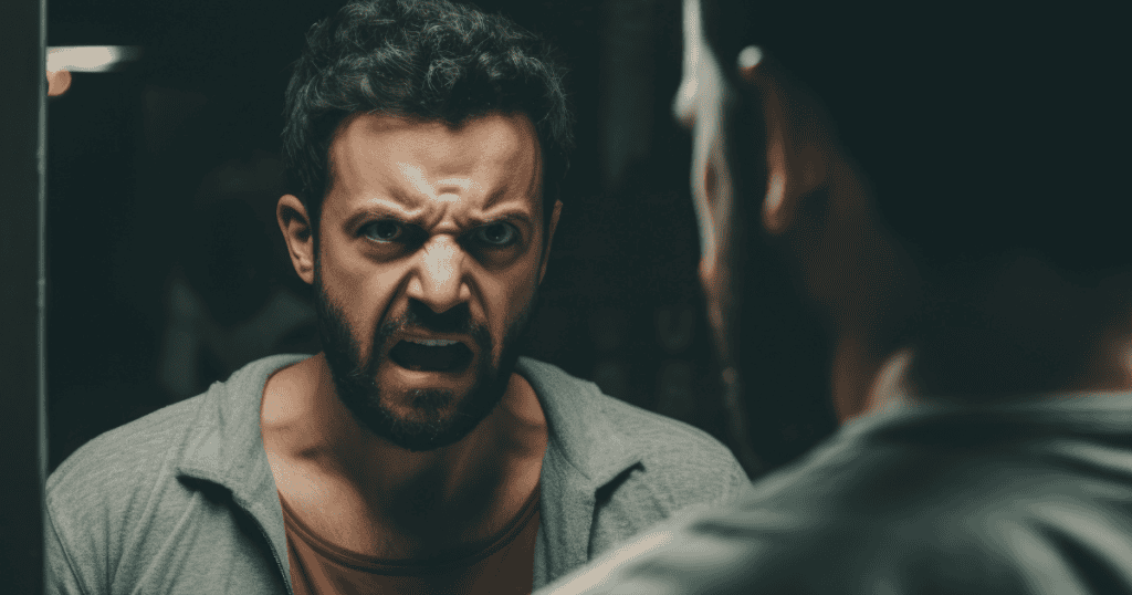 A man with a beard stares into a mirror with a look of pure, snarling fury, capturing the moment a seemingly positive interaction backfires and triggers an explosive emotional shift.