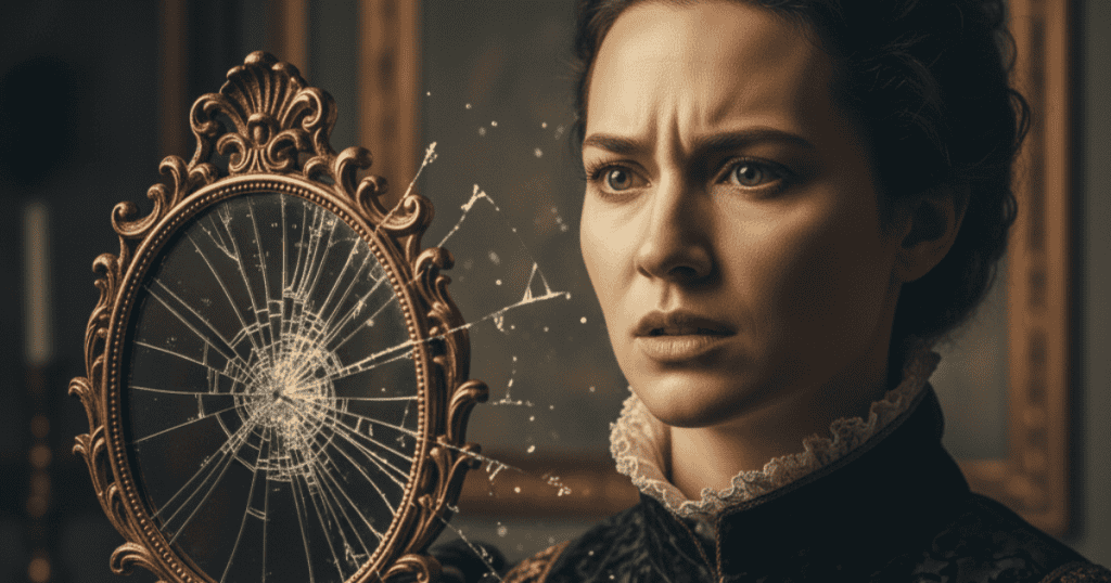 An elegant person looks into a gilded hand mirror cracking like a shockwave, their composed smile turning tense and eyes flashing.