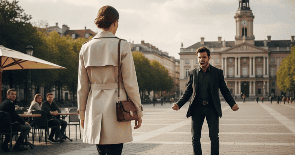 A woman in a trench coat walks away from an angry man shouting at her in a public square; her departure illustrates the single action that can create distance.