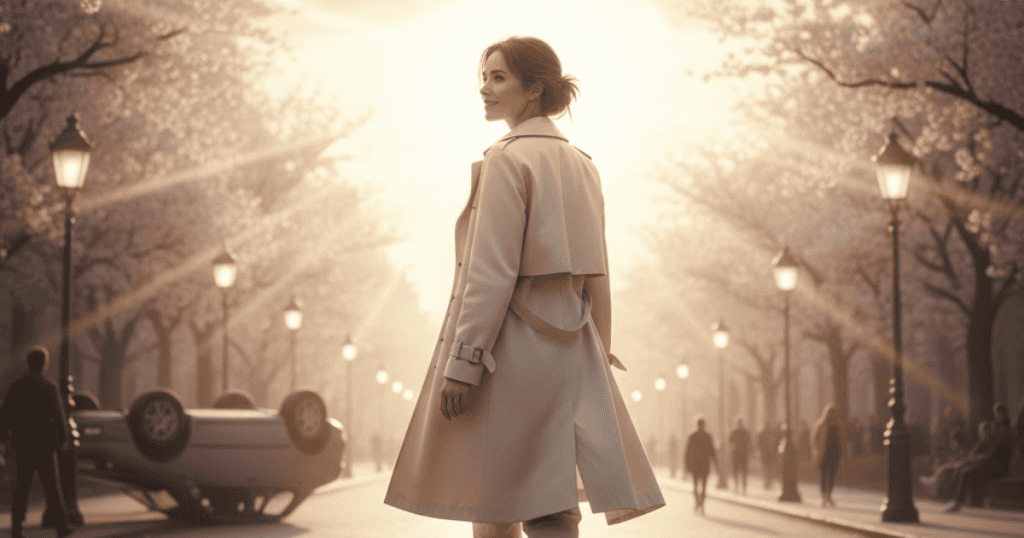 A confident woman in a trench coat is smiling back over her shoulder on a sunny, blossom-lined street, depicting her feeling free from their controlling influence.