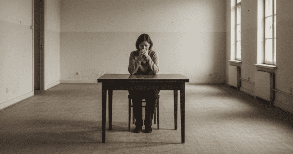A distressed person sits alone at a simple wooden table in a barren room; this is the scene once all others have finally departed.