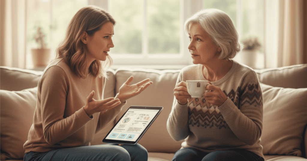 A younger woman gestures emphatically while speaking to an older, skeptical woman holding a teacup, illustrating the difficulty in getting others to grasp a complex reality.