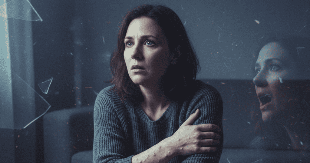 A distressed woman is reflected in fragmented glass with an image of her screaming, illustrating a visceral and painful recognition of a difficult reality.