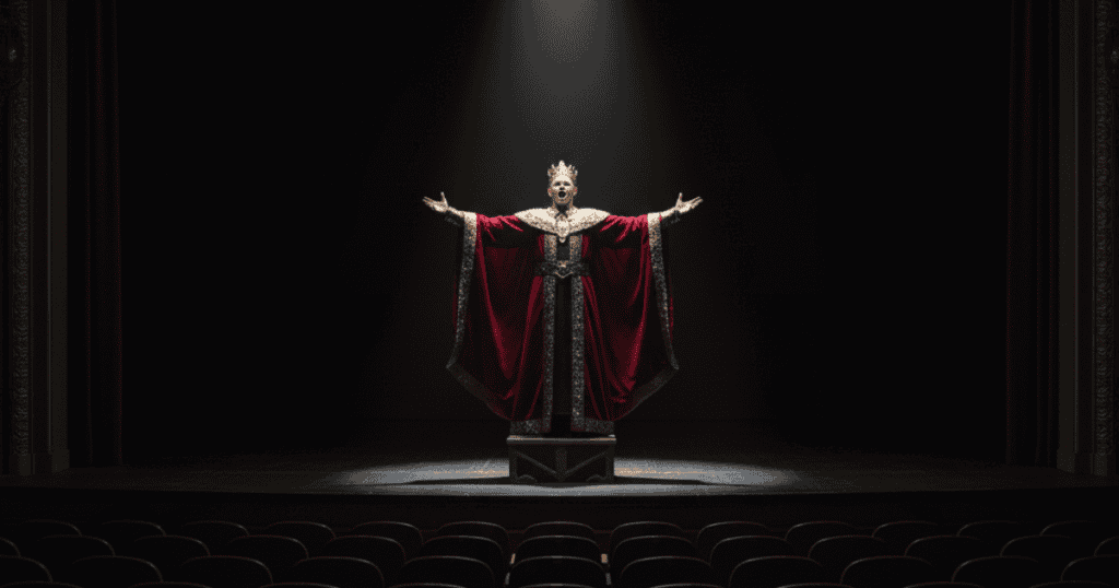 A regal figure in commanding attire stands on a pedestal on a dimly lit stage, performing grand gestures to an empty theater. The performance of power feels hollow without an audience to receive it.