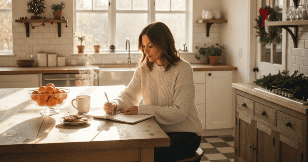 A woman is writing in a journal at a sunny kitchen table, focused and comfortable; she is determining how much internal resource she can spend on the day's events.
