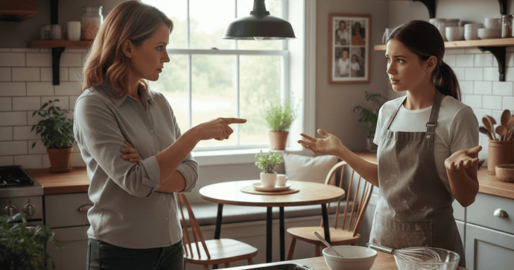 Two women are arguing in a kitchen, with one pointing a finger aggressively and the other gesturing defensively, capturing the feeling of having your perspective challenged and dismissed.