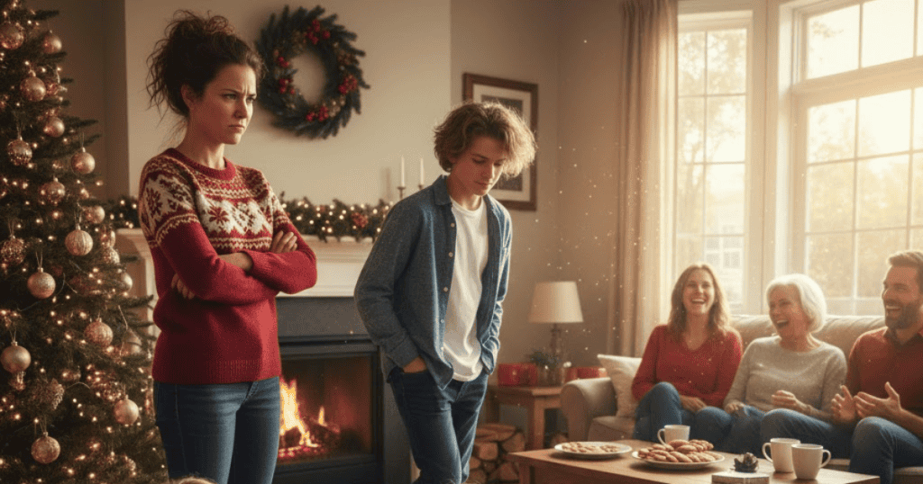 A woman stands frowning with crossed arms near a Christmas tree and fireplace while a young man stands awkwardly nearby, with an extended family happily laughing together on a couch behind them; she is clearly separated from the group's lighthearted focus.