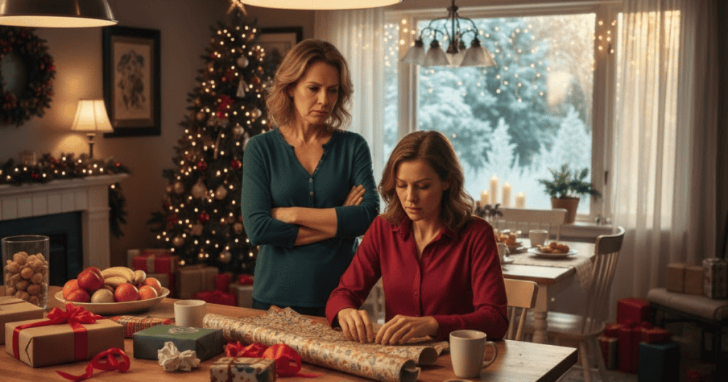 Two women stand near a Christmas tree with presents, one wrapping and the other observing with a crossed-arm, disappointed look, hinting at the pre-emptive emotional strain of the holidays.