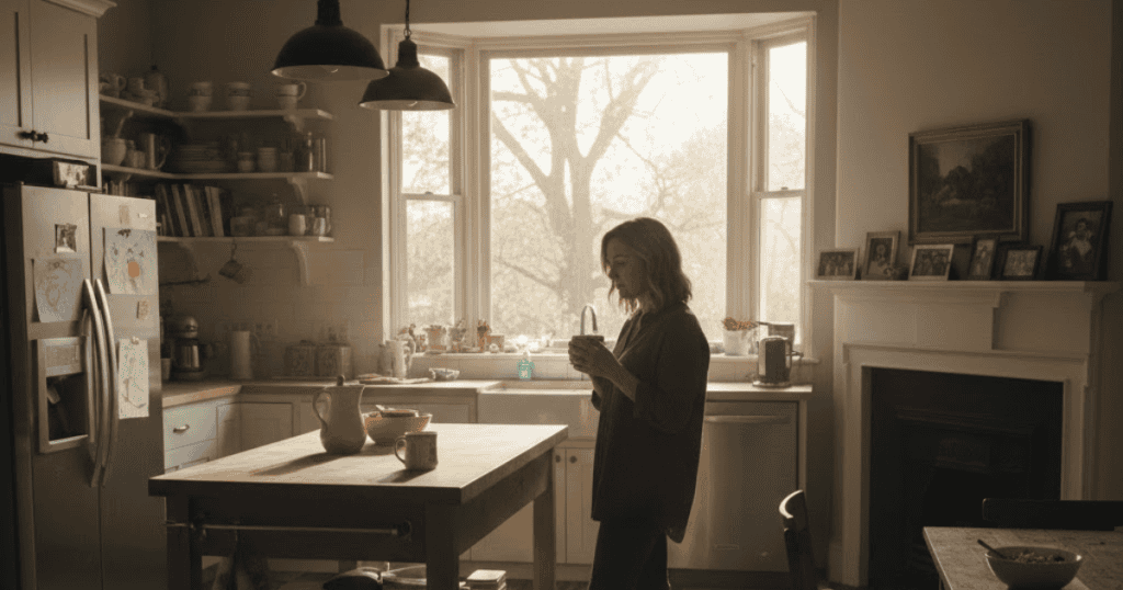 A woman stands in a sunlit kitchen, holding a mug and looking down at her phone; she is momentarily pulled away from a quiet moment by an incoming message.