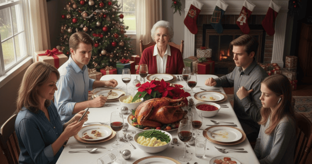 An older woman smiles beamingly at the head of a festive table, seemingly unaware of the uncomfortable silence and disengaged family members surrounding her.