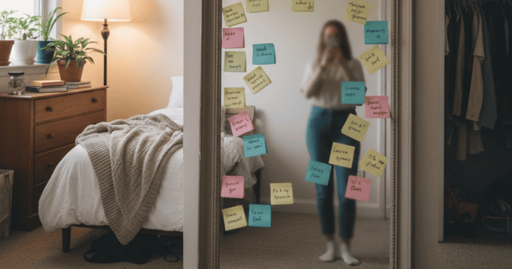 A blurred woman stands in front of a mirror covered in colorful sticky notes, taking a picture of herself; the notes could represent many hidden thoughts she is unwilling to share.