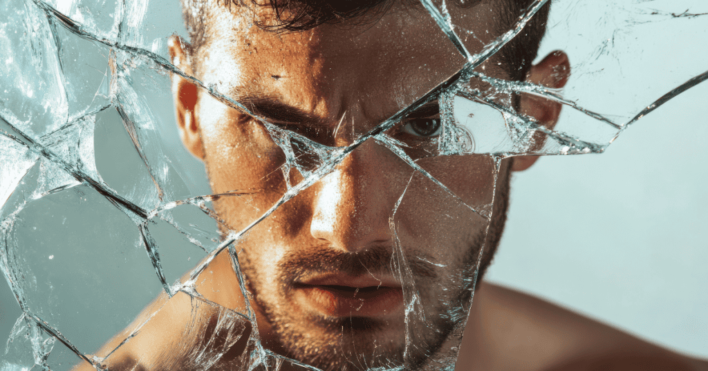 A man’s face is viewed through a sheet of shattered glass that distorts his features, visually representing the fracturing of a self-image when met with firm limitations that prevent further intrusion.