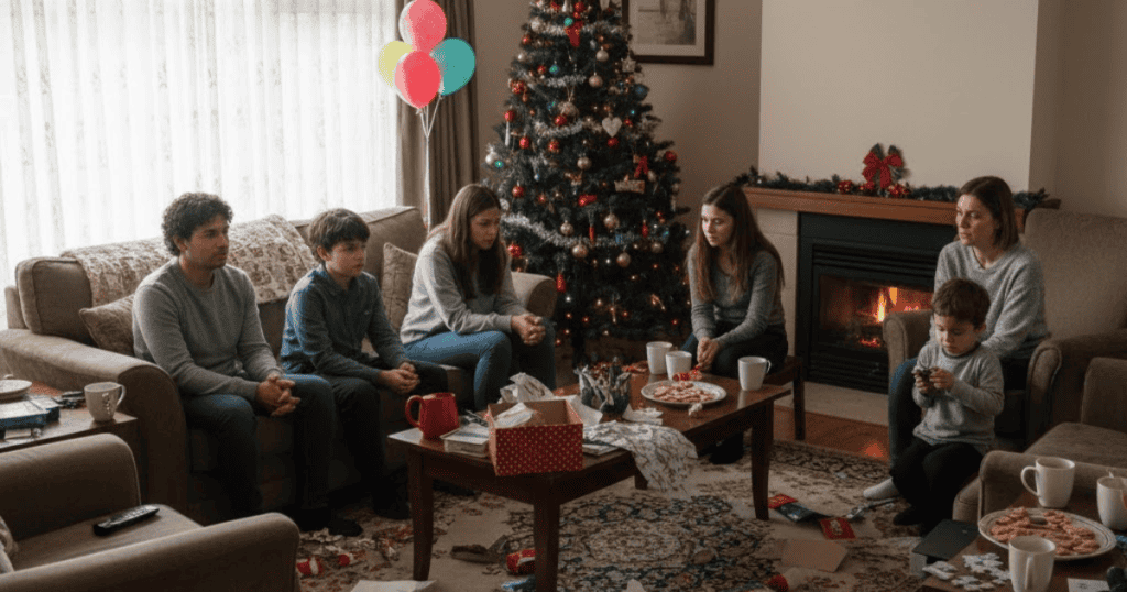 A family sits dejected amidst torn wrapping paper and holiday decorations, looking physically drained by the weight of the occasion.