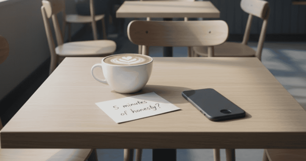 A small note asking "5 minutes of honesty?" sits next to a phone and a cup of coffee on a wooden table; this is a challenge for someone who avoids true disclosure.