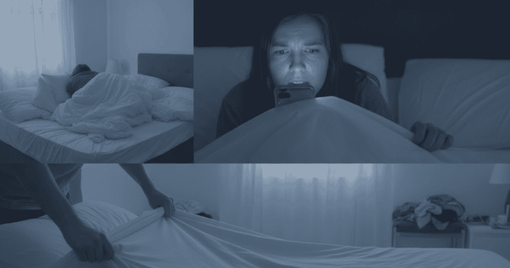 A triptych shows a person buried under blankets, a worried person looking at a phone, and hands smoothing a bed; these nighttime scenes hint at deeply held, disturbing personal routines.