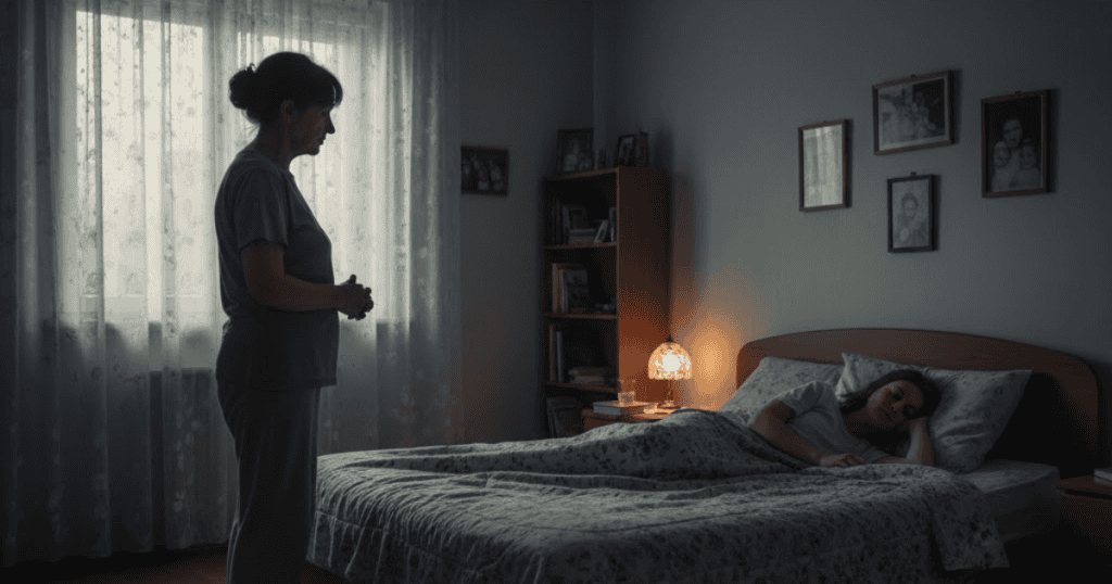 An older woman stands watching a younger woman who is resting in bed in a dimly lit room; the image captures a disquieting watchfulness associated with manipulative nighttime behavior.