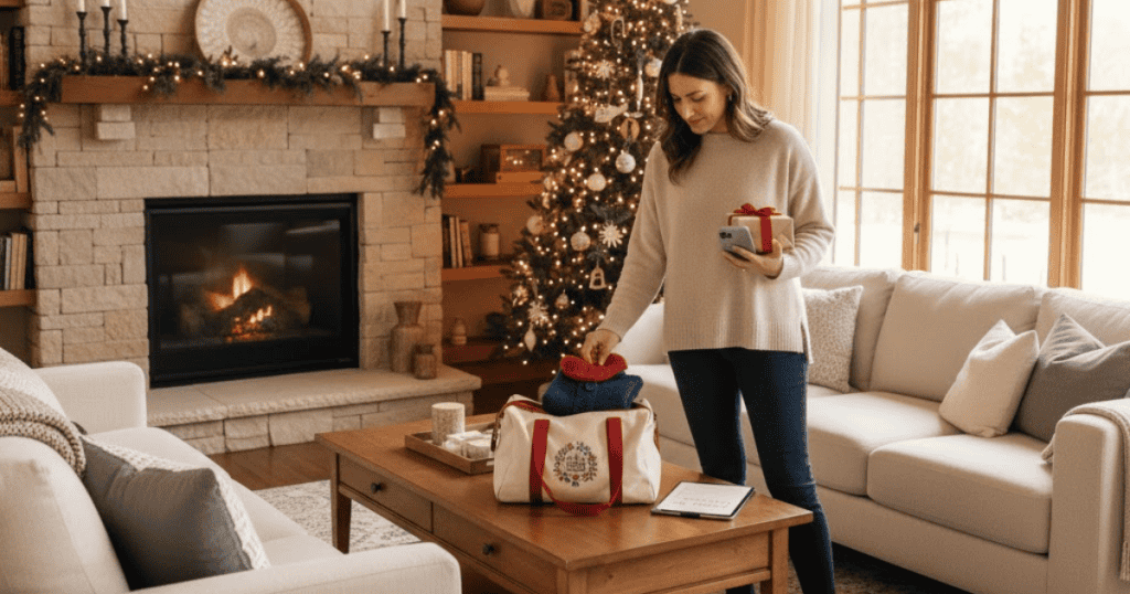 A woman is organizing items in a bag near a Christmas tree and fireplace, checking her phone simultaneously; she is ensuring her activities remain manageable and clear to others.