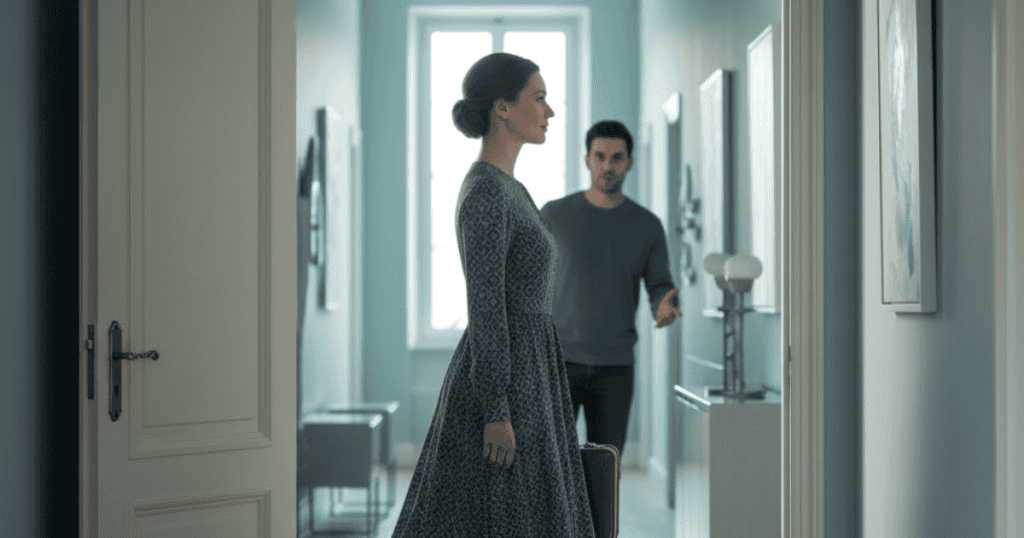 A woman in a patterned dress is walking away and leaving a room as a man stands behind her looking agitated; her exit indicates a clear withdrawal of attention from someone seeking validation.