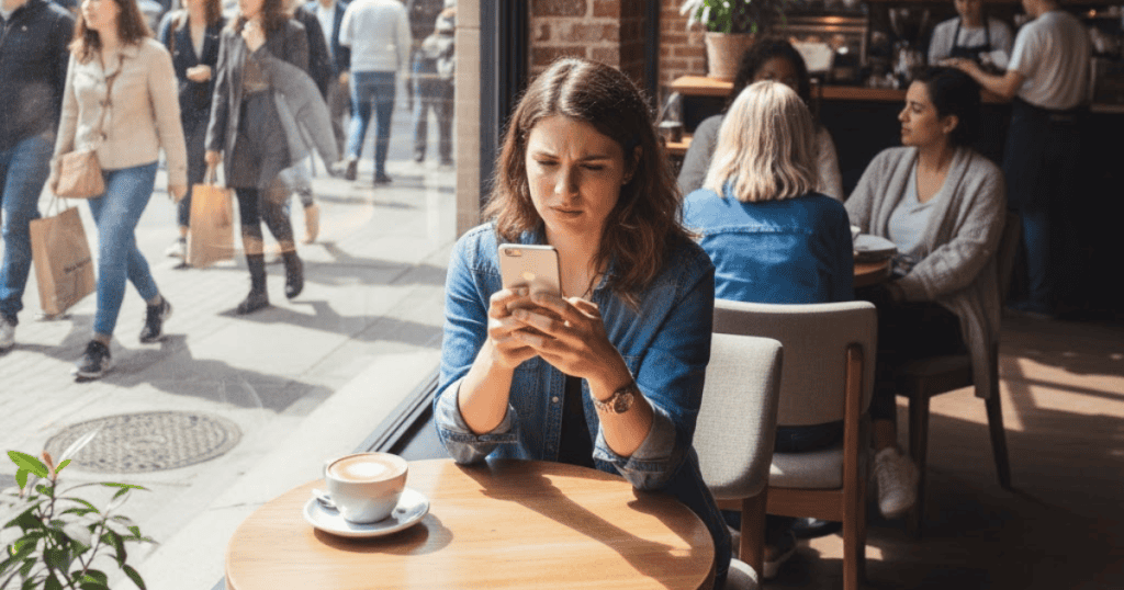 A woman sits at a cafe table checking her phone with a focused expression; she carefully curates her public image in digital spaces.