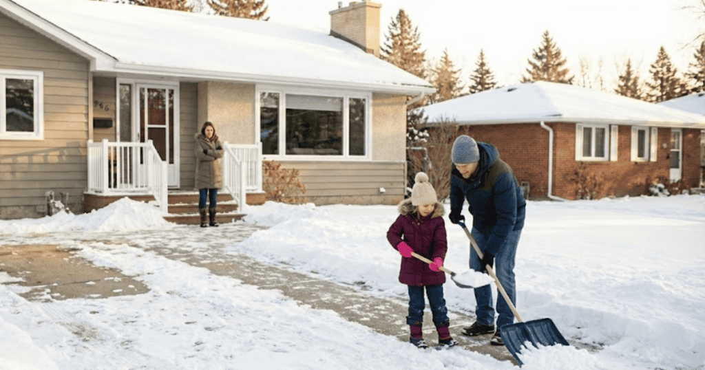 A man and a young girl are happily shoveling snow from a driveway in front of a suburban house while a woman stands watching them with crossed arms and a serious expression from the front porch; her visible displeasure is a stark contrast to the pair's collaborative activity.
