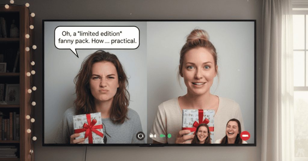A split screen shows two women on a video call, where one is making a sarcastic, disgusted face about a gift while the other smiles brightly, reflecting the sting of thinly veiled insults.