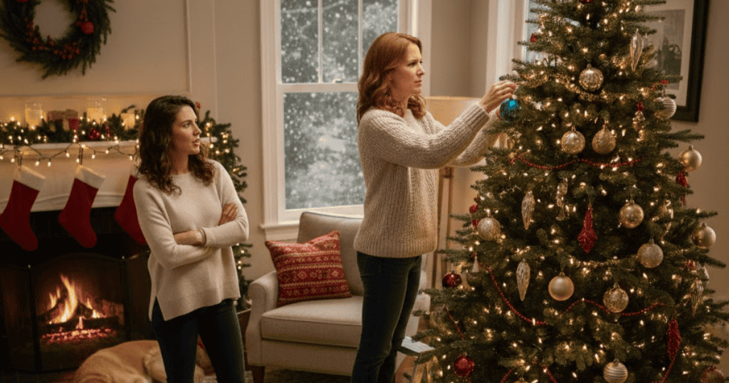 Two women stand by a Christmas tree, one decorating it while the other watches with a suspicious expression, alluding to critical undertones hidden within seemingly casual conversation.