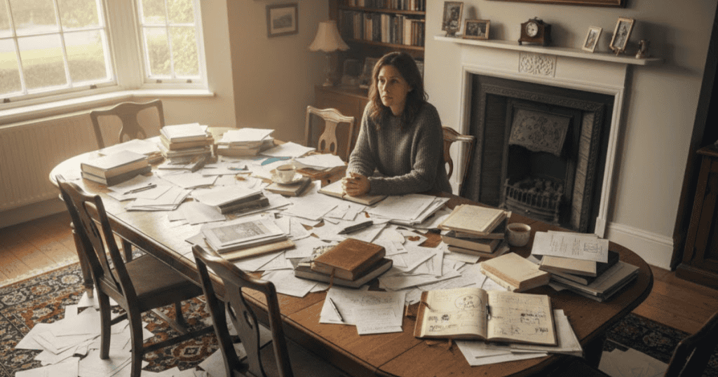 A woman sits at a large dining table completely covered in papers and books, looking directly ahead; her pensive expression suggests she is overwhelmed by a surrounding situation.
