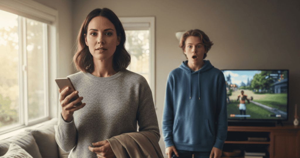A woman with a coat is holding a phone while a surprised teenager looks on in the background, making direct eye contact with the viewer; she is asserting her boundaries without elaboration.