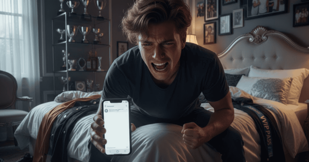 A man sits on a bed screaming with frustration while holding up a phone with a blank screen; his outburst is a performance masking a deep feeling of inadequacy.