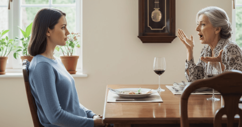 A young woman sits at a dinner table looking away with a tight expression as an older woman speaks intensely across from her; sometimes silence is the strongest shield against endless debate.