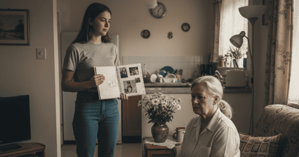 A young woman presents a scrapbook of memories to an older woman, whose distant expression suggests the gesture has gone unappreciated.