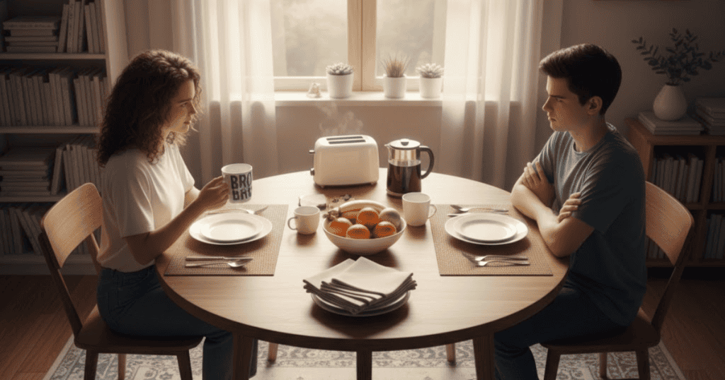 A young woman and a young man sit across a table set for breakfast; their conversation appears rigid and centered on specific expectations.