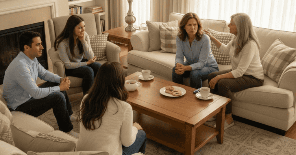 A woman is comforted by another while seated on a living room sofa surrounded by people; the group is having a serious conversation where a narrative is being heavily influenced.