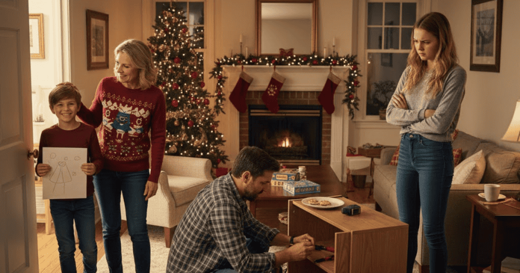 A girl with a strained expression stands by as a woman praises a young boy's drawing to a man working on furniture, subtly pointing to the pressure of unfavorable comparisons among family members.