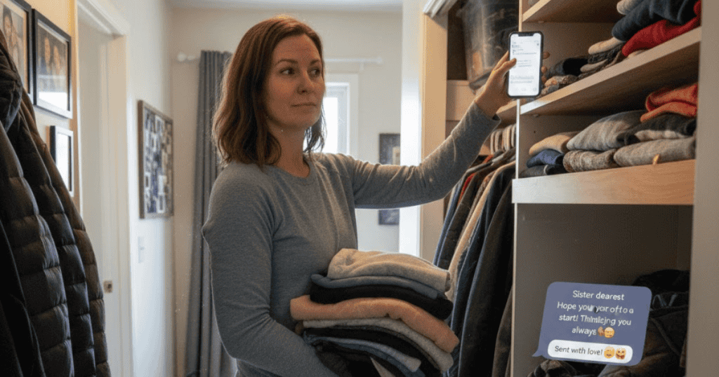 A woman organizes folded clothes in a closet while viewing her phone; she is interrupted by a text message while trying to restore order.