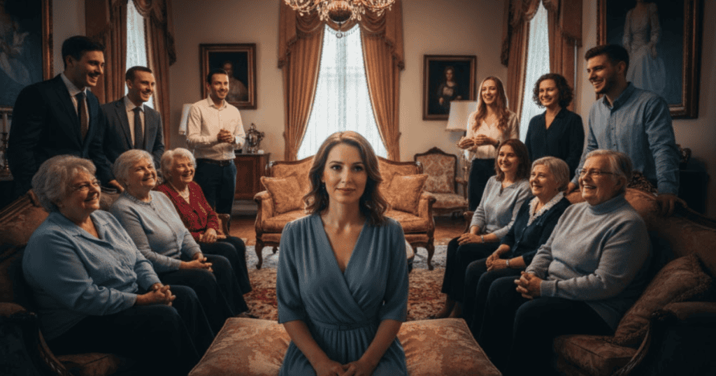 A woman sits confidently in the center of a well-furnished room surrounded by many smiling family members, suggesting an atmosphere of shared acceptance and a need to project a unified front.