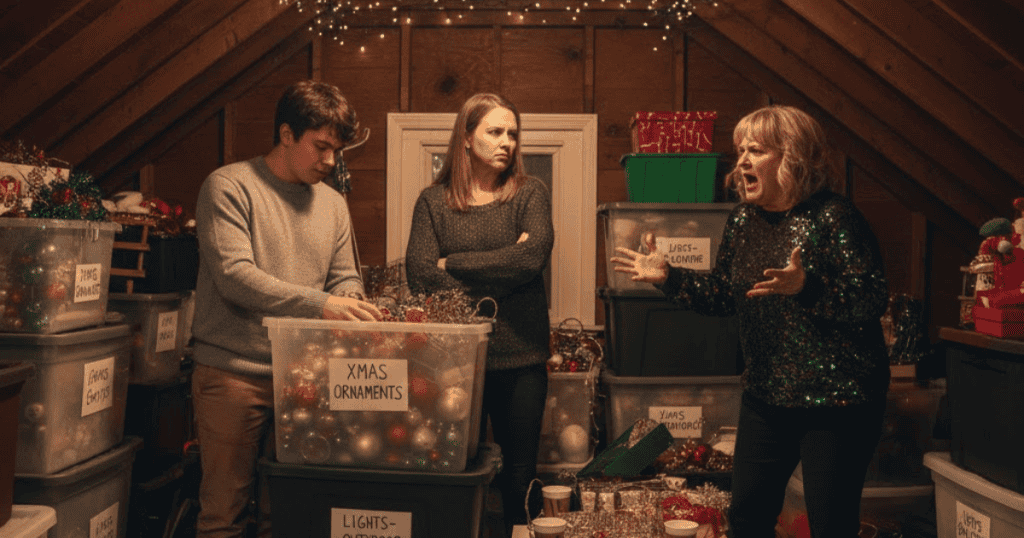 A woman wearing a sparkly green top is loudly gesticulating and yelling in a cluttered attic while a young man and woman stand looking annoyed, sorting Christmas ornaments; her agitation is unable to disrupt the ordered process of preparation.