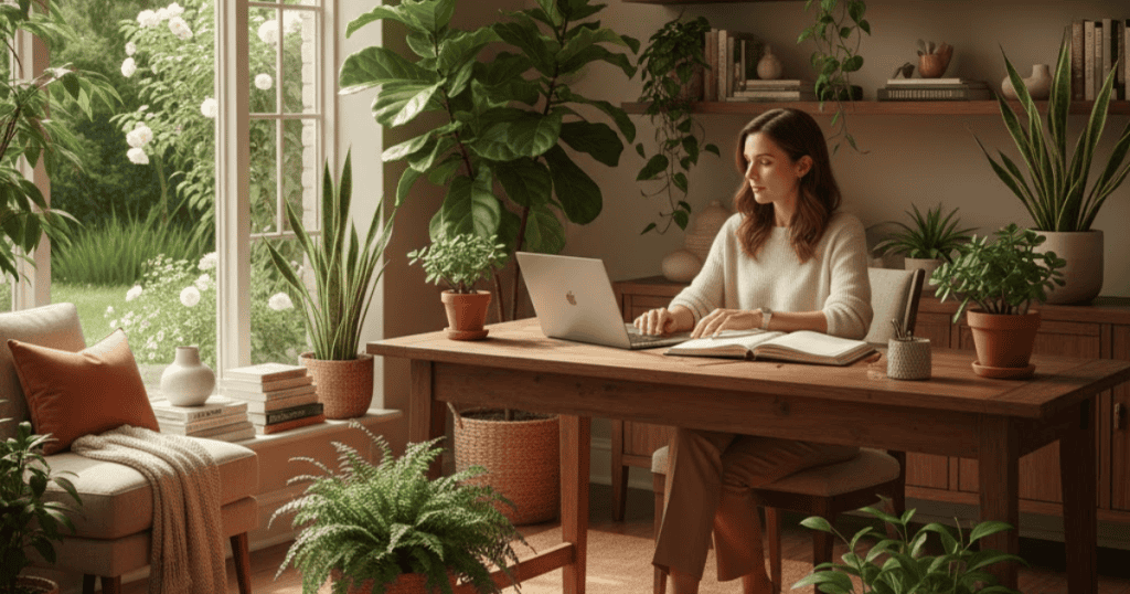 A woman works on her laptop at a desk surrounded by many vibrant houseplants, finding a renewed sense of purpose and self-responsibility in a nurturing environment.