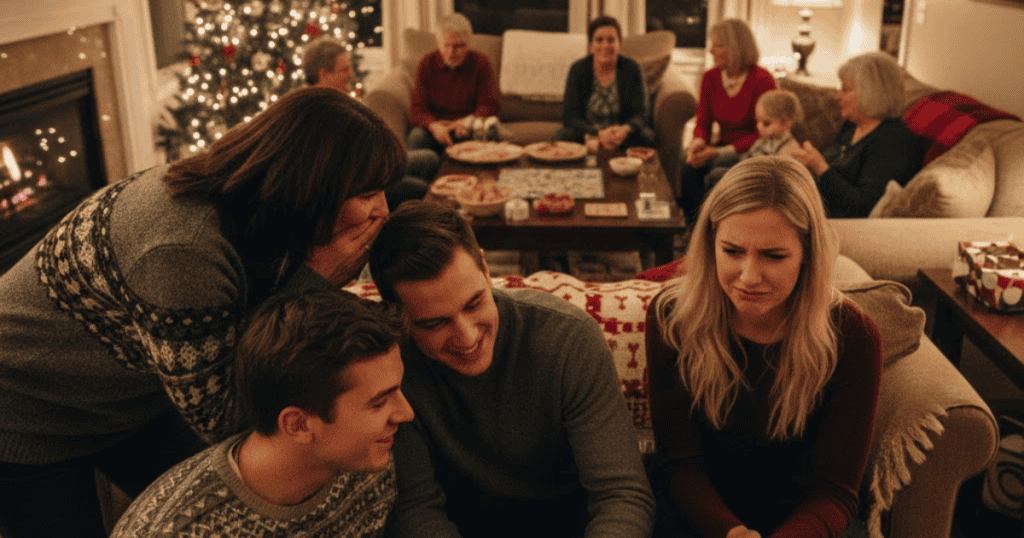 Family members are huddled in a group whispering and smiling at each other while one woman sits to the side with a pained expression, illustrating how isolation can occur in a group dynamic.