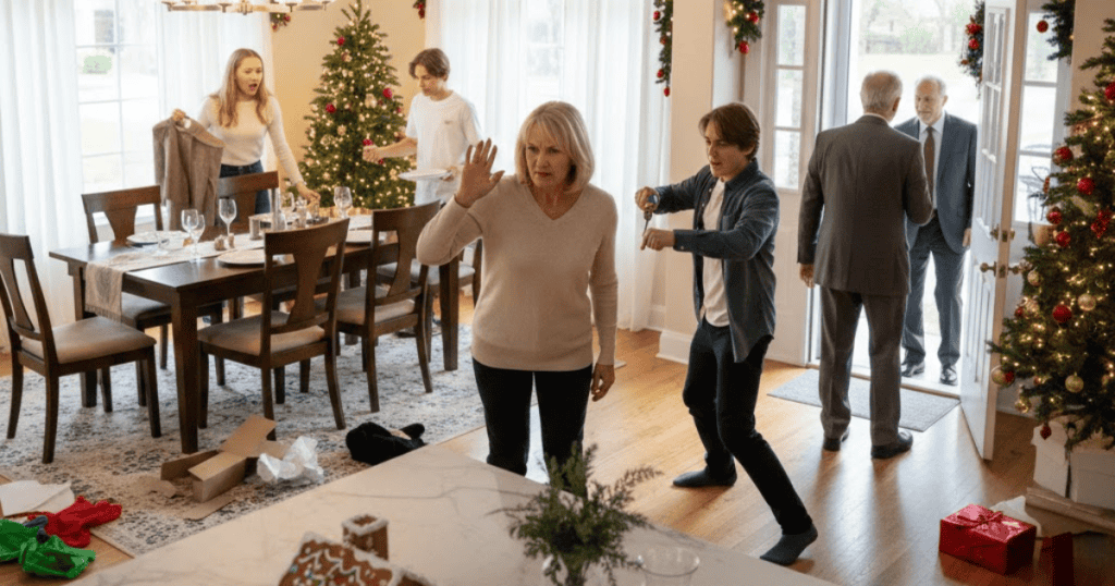 A woman in the foreground holds up her hands in distress as a young man next to her makes a demanding gesture, with a holiday dinner table and family in the background; the moment of exchange has created an evident sense of turmoil and exposure.
