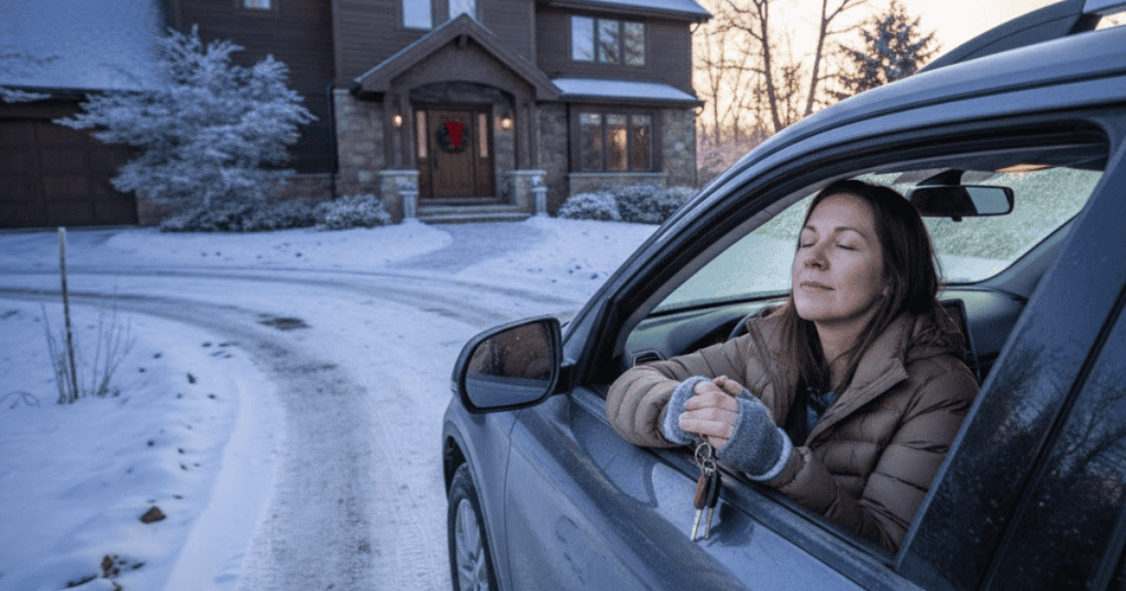 A woman is sitting in a car holding keys on a snowy driveway, taking a deep breath before the door closes; she is mentally preparing for a graceful and necessary departure when the time comes.