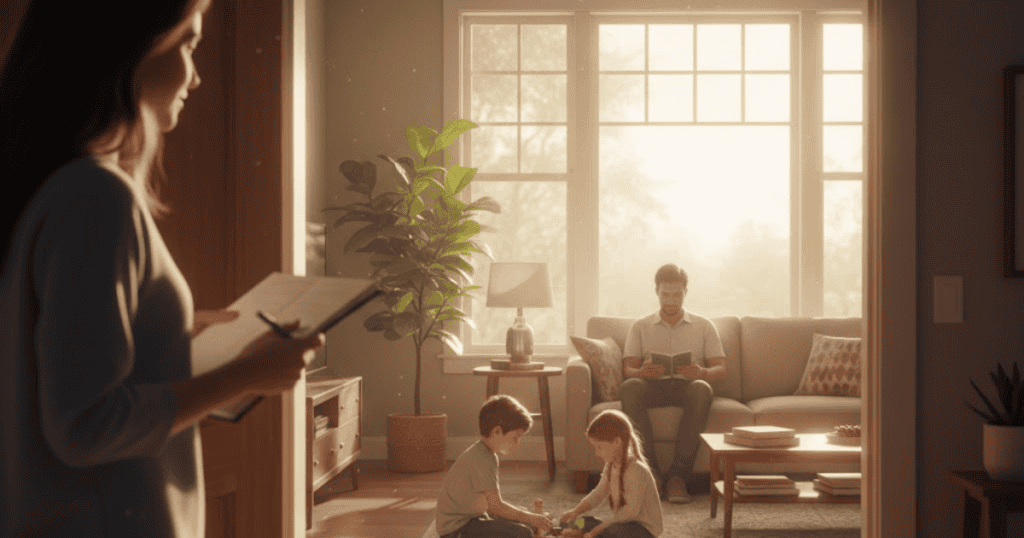 A woman in the foreground watches a man and children relaxing in a sunlit living room; she seems to be planning how to position herself favorably in the family dynamic.