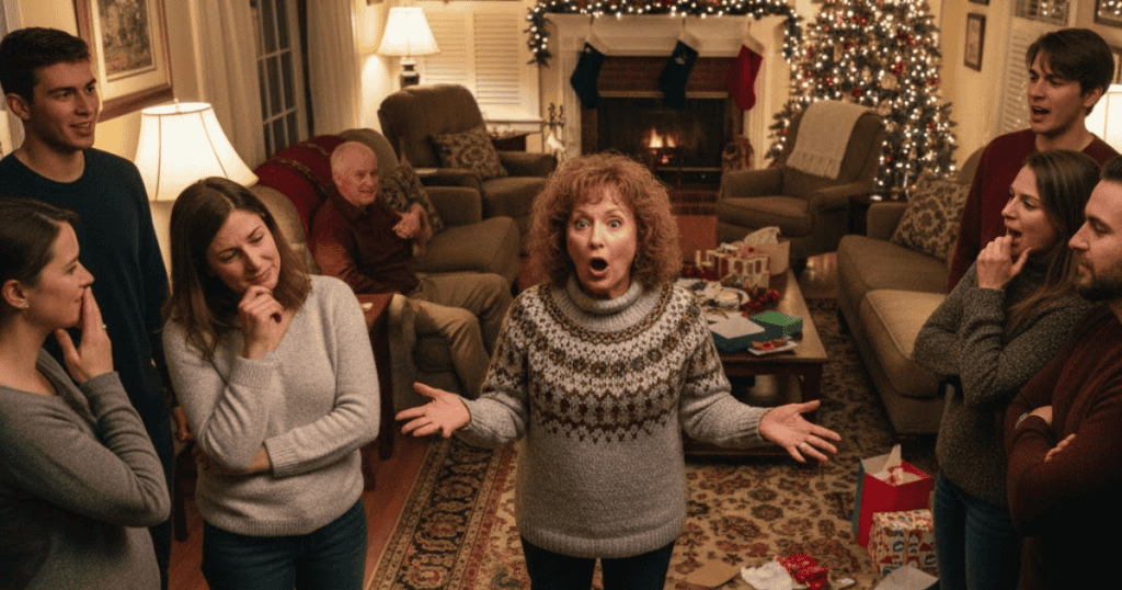 A red-haired woman with a surprised expression stands in the center of a crowded living room, commanding the attention of the surrounding family members, depicting the urge to control the narrative and conversation.