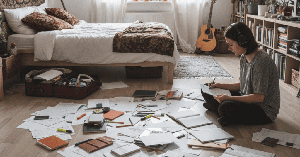 A woman writes and studies amid a mess of papers on the floor of her bedroom; she is immersed in a solitary activity that others might find unusual.