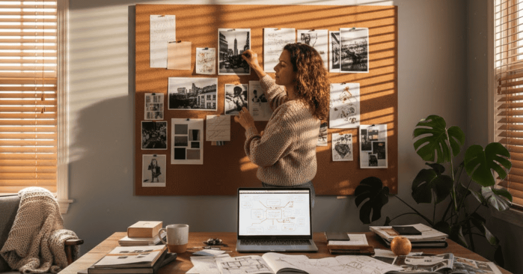 A woman works at a corkboard, pinning up photos and documents in an organized manner; this intense, private planning aims for a specific, controlling outcome.