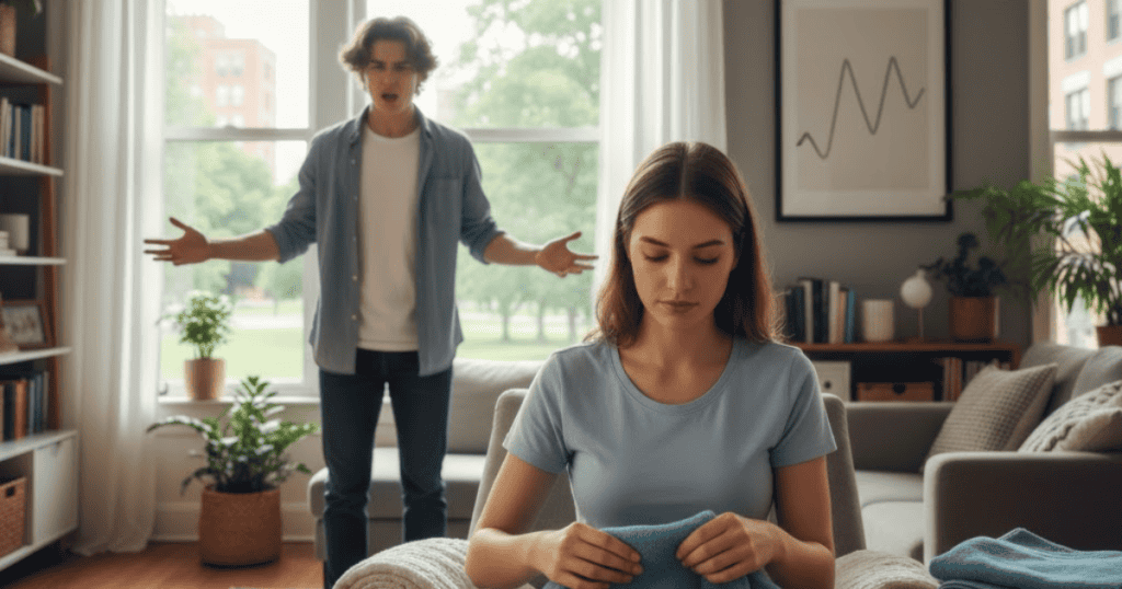 A woman quietly focuses on folding laundry while a frustrated man gestures aggressively in the background; steady self-care acts as an anchor against unpredictable emotional storms.