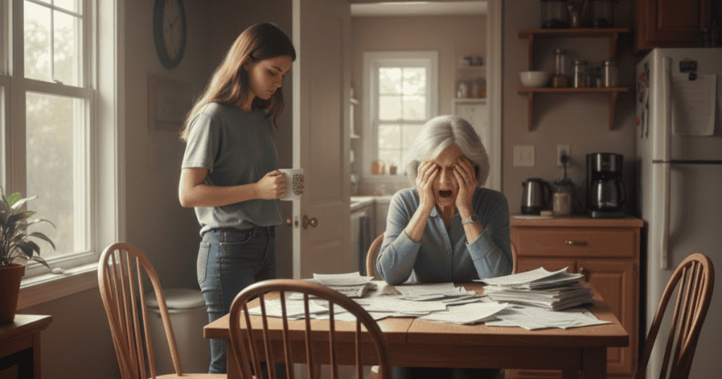 A distressed older woman sits at a table covered in papers with her hands on her head, while a younger woman stands nearby holding a mug; the scene highlights the feeling of being overwhelmed by financial and household burdens.