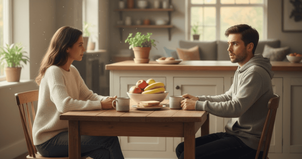 A woman looks intently at a man sitting across the kitchen table from her, who appears slightly unnerved; this sustained gaze suggests holding one's ground during a difficult conversation.