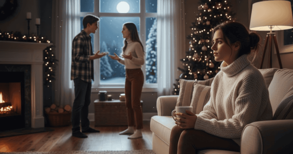 A woman is sitting calmly on a sofa with a cup, observing a heated disagreement between siblings in the background; she is consciously choosing to change her typical behavior within the family dynamic.