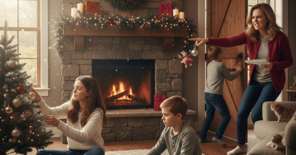 A frustrated woman points and yells toward a child trying to exit a room, while two other children calmly decorate a Christmas tree nearby; the continuous demand for composure proves to be an unsustainable burden.